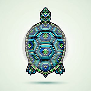 A stylized illustration of a turtle featuring geometric patterns