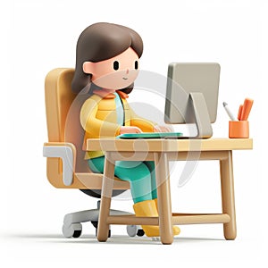 Adorable 3D Cartoon Girl Working on Computer at Desk