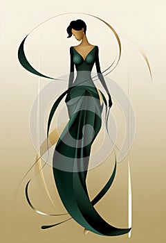 a stylized illustration of a woman wearing an emerald green gown