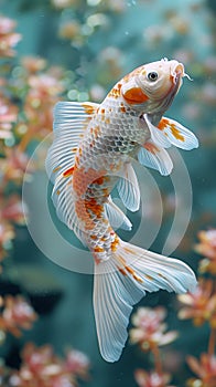 Stylized image of a beautiful koi fish swimming among water lilies and lotus flowers, evoking tranquility and natural