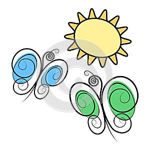 Stylized image of butterflies and sun. Set of 3 design elements for cards and other various uses