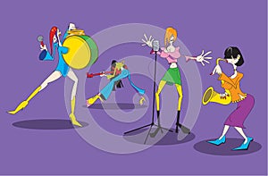 The stylized image of a cartoon female music group.