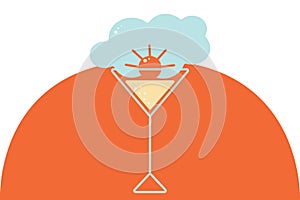 Stylized image of a glass with an abstract cloud and sun on an orange circle background. Isolate