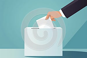 Stylized image of a hand placing a vote in a ballot box on a teal background