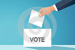 Stylized image of a hand placing a vote in a ballot box on a teal background