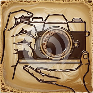 A stylized image of hands holding a camera, with a coffee cup resembling the camera lens, merges photography and coffee elements