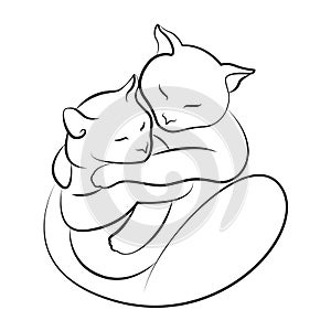 Stylized image of hugging kittens. Line drawing