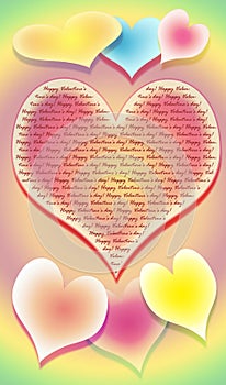 The stylized image of seven hearts on a multi-coloured background