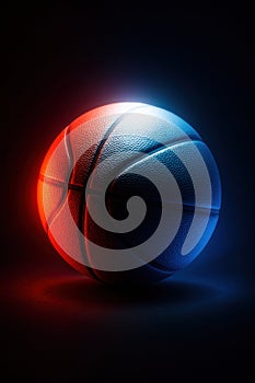 Close-up of textured basketball under colored dramatic light