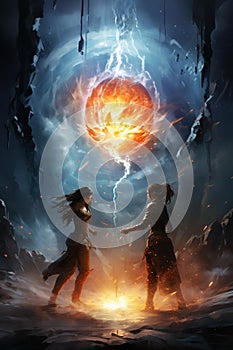 A stylized image of two opposing forces colliding, such as fire and ice or light and dark.