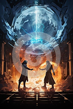 A stylized image of two opposing forces colliding, such as fire and ice or light and dark.