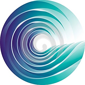 Stylized image of a wave forming a circular pattern. The design features smooth,