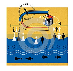Stylized images of men and women in abstract space with a clock, a magnet and a cube with pictures.Signs of floating people