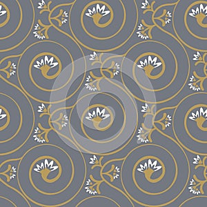 Stylized jasmine spiral vector seamless pattern background. Elegant floral backdrop in gold silver with flowers on