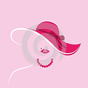 Stylized lady with pink hut and pearl necklace
