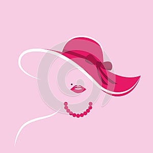 Stylized lady with pink hut and pearl necklace photo