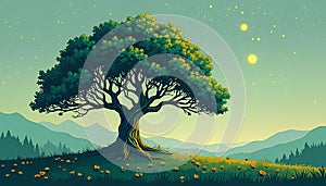 A stylized landscape artwork features a large, leafy tree with a