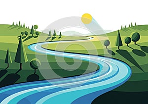 A stylized landscape featuring a meandering river flowing through