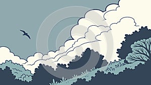 A Stylized Landscape with a Forest Silhouette and Cloudy Sky. vector design Generative AI