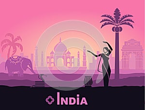 Stylized landscape of India with the Taj Mahal, an elephant and a dancer. Vector background