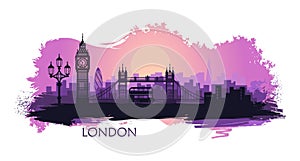 Stylized landscape of London with big Ben, tower bridge and other attractions