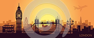 Stylized landscape of London with big Ben, tower bridge and other attractions