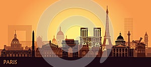 Stylized landscape of Paris with Eiffel tower, arc de Triomphe and Notre Dame Cathedral and other attractions photo