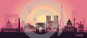 Stylized landscape of Paris with Eiffel tower, arc de Triomphe and Notre Dame Cathedral and other attractions