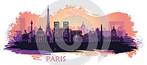 Stylized landscape of Paris with Eiffel tower, arc de Triomphe and Notre Dame Cathedral with spots and splashes of paint