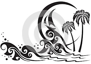 Stylized landscape of a resort with a sea sailing boat and a beach with palm trees in black, vector illustration