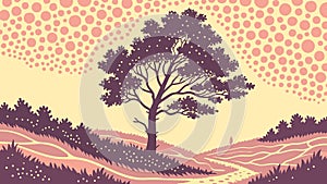 Stylized Landscape Tree: Artistic Solitude in Nature Scene, vector design Generative AI