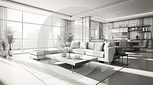 Stylized Large Living room interior with open kitchen and refined modern style in almost black and white mood