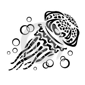 Stylized large royal jellyfish swims in the ocean, logo, isolated object on a white background, vector