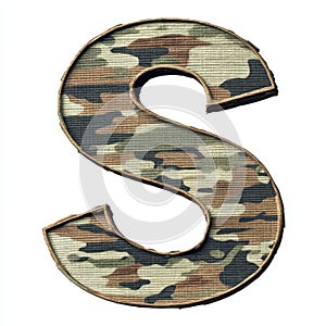 A stylized letter 'S' featuring a camouflage pattern with a stitched border