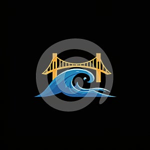 Stylized logo featuring a large blue ocean wave in the foreground, with a golden,