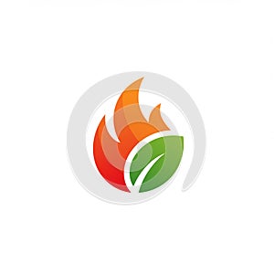 A stylized logo featuring an orange flame intertwined with a green leaf, symbolizing a