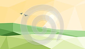 Stylized Low Poly Landscape with Hills, Sun and Birds