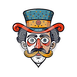 Stylized male face sporting curled mustache, whimsical top hat, dramatic facial expression. Circus photo