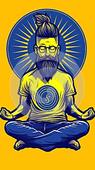 Stylized man meditating with vibrant yellow background. Modern meditation illustration with dynamic halo. Concept of