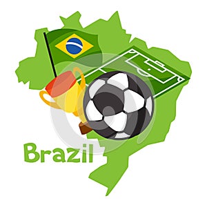 Stylized map of Brazil with soccer ball and flag