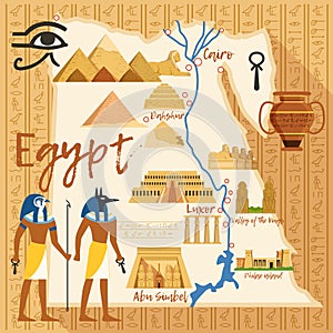 Stylized Map of Egypt with different cultural objects and landmarks
