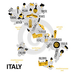 Stylized map of Italy with main attractions, landmarks and cultural symbols.