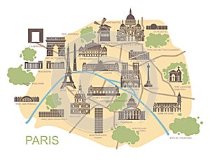 Stylized map of Paris with the main tourist attractions