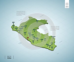 Stylized map of Peru. Isometric 3D green map