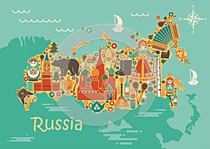 A stylized map of Russia with the symbols of culture and nature