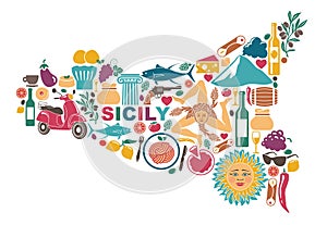 Stylized map of Sicily with traditional symbols