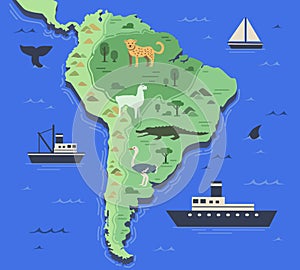 Stylized map of South America with indigenous animals and nature symbols. Simple geographical map. Flat vector