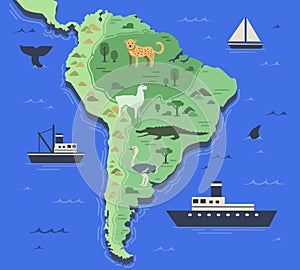 Stylized map of South America with indigenous animals and nature symbols. Simple geographical map. Flat vector photo