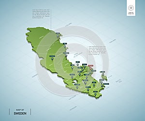 Stylized map of Sweden. Isometric 3D green map