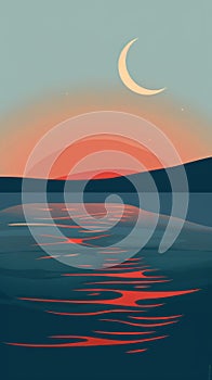 Stylized minimalist sunset over water with crescent moon